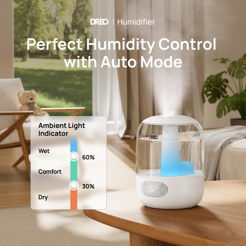 DREO Humidifiers for Bedroom, 3L Top Fill 30H & 26dB Quiet Runtime for Large Room, Cool Mist Ultrasonic Humidifier with Humidity Sensor, Night Light for Home, Baby, Nursery, Plants, 360° Nozzle, Black