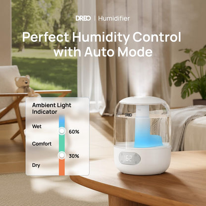DREO Humidifiers for Bedroom, 3L Top Fill 30H & 26dB Quiet Runtime for Large Room, Cool Mist Ultrasonic Humidifier with Humidity Sensor, Night Light for Home, Baby, Nursery, Plants, 360° Nozzle, Black