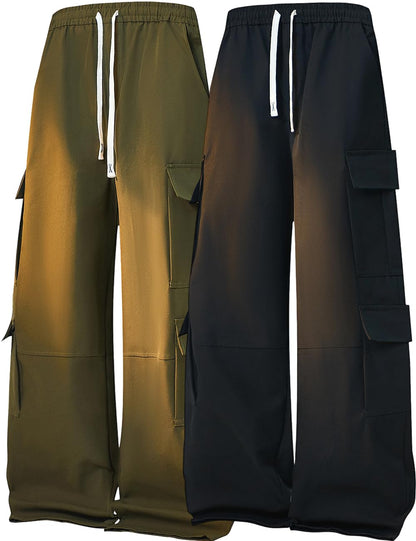 Mens Cargo Pants Baggy Casual Hiking Joggers Elastic Waist Drawstring Multi Cargo Pockets Loose Fit Streetwear