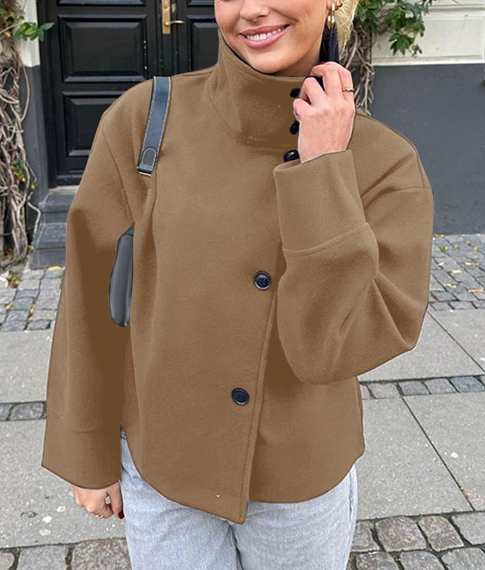 CHARTOU Women Crop Pea Coat Wool Blend Winter Loose Casual Short Jacket Outwear
