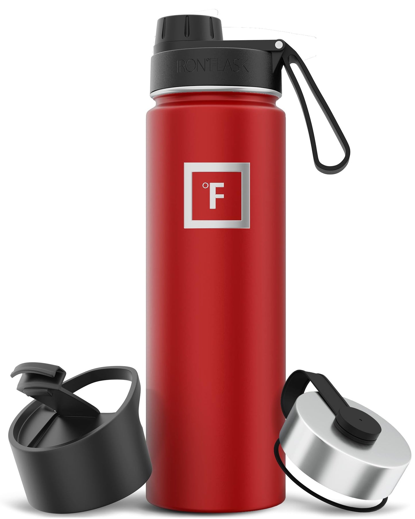 IRON °FLASK Camping & Hiking Hydration Flask with Straw, Wide Mouth Insulated Stainless Steel Sports Water Bottle - Midnight Black 24 oz - Straw (1 Lid)