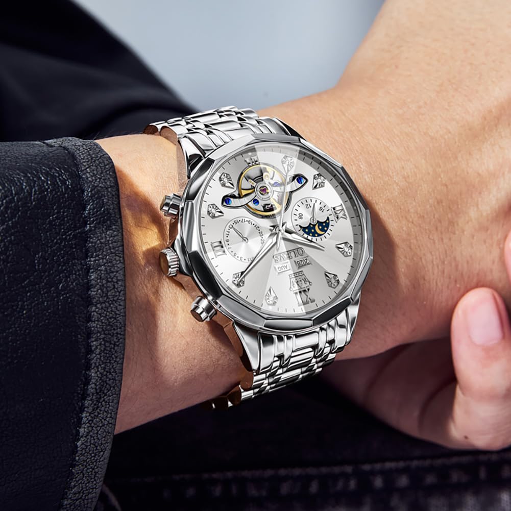 OLEVS Skeleton Men Watches Automatic Business Luxury Diamond Self Winding Watch for Men Stainless Steel Calendar Wrist Watch