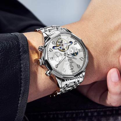 OLEVS Skeleton Men Watches Automatic Business Luxury Diamond Self Winding Watch for Men Stainless Steel Calendar Wrist Watch