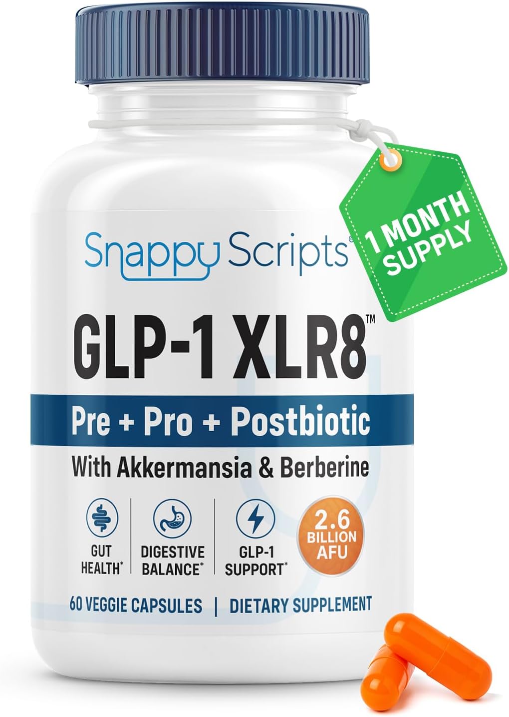 GLP-1 XLR8 Supplement for Weight Loss, Digestion, Constipation, Bloating Relief with Akkermansia 2.6 Billion AFU Live Prebiotic Probiotic Postbiotic + Berberine for Women Men 60 Capsules