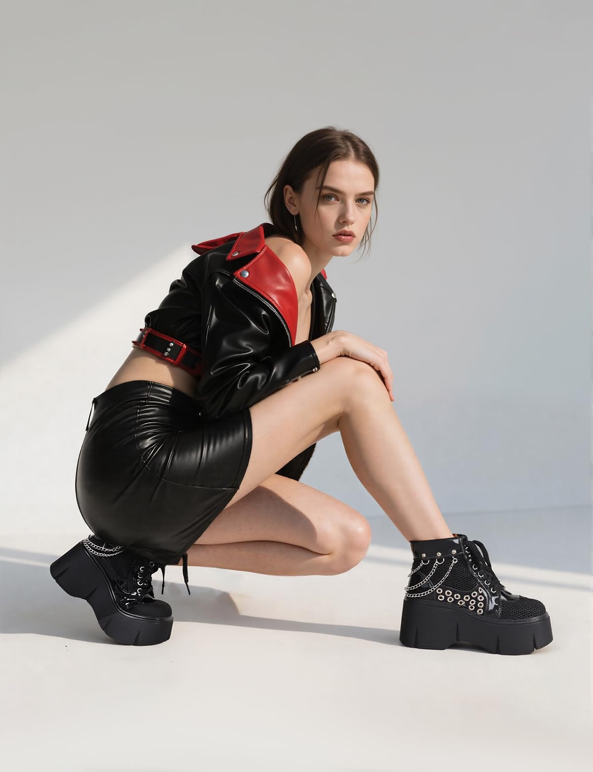 Women's Black Platform Boots Wedge Goth Round Toe Lace Up Chain Mesh Punk Combat Ankle Booties