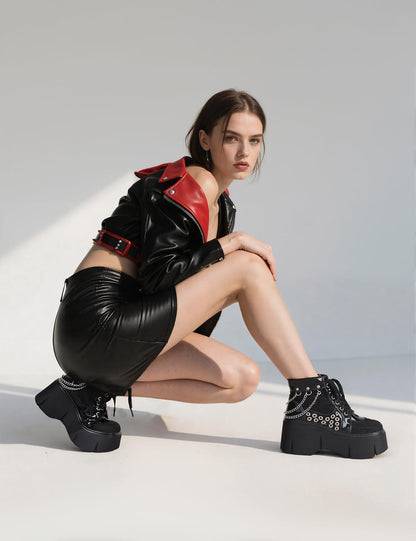 Women's Black Platform Boots Wedge Goth Round Toe Lace Up Chain Mesh Punk Combat Ankle Booties