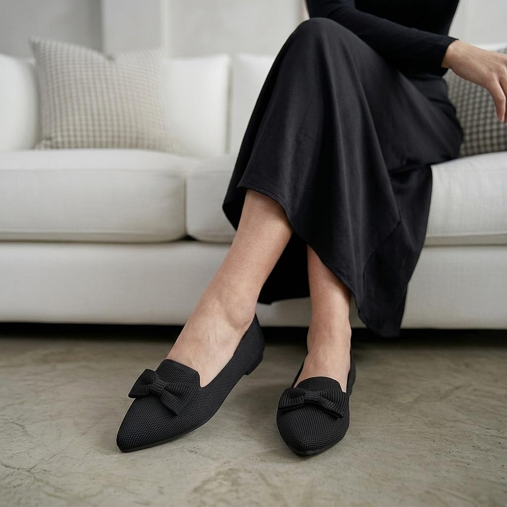 Flats for Women Mesh Ballet Flats with Bow Pointed Toe Comfortable Dressy Knit Breathable for Work Office