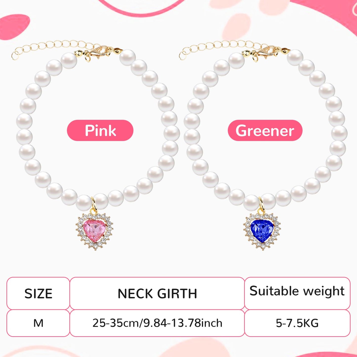Tyqour 2pcs Cute Girl Cat Collar, Pearl Cat Dog Collar with Small Heart Shape Rhinestone for Small Dogs and Cats Adjustable Fancy Dog Pearl Necklace Collars, Pink Heart + White Heart