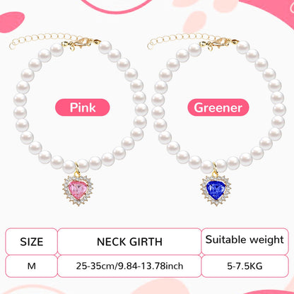 Tyqour 2pcs Cute Girl Cat Collar, Pearl Cat Dog Collar with Small Heart Shape Rhinestone for Small Dogs and Cats Adjustable Fancy Dog Pearl Necklace Collars, Pink Heart + White Heart