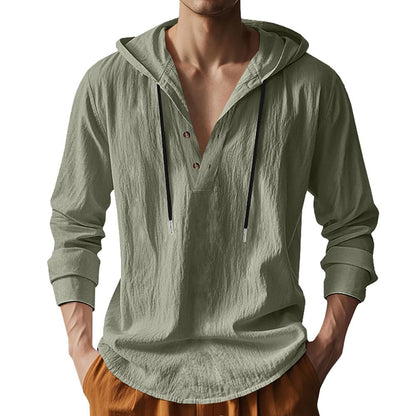 Mens Cotton Linen Hoodies Long Sleeve Button Down Shirts Casual Hawaiian Beach Yoga Sweatshirts