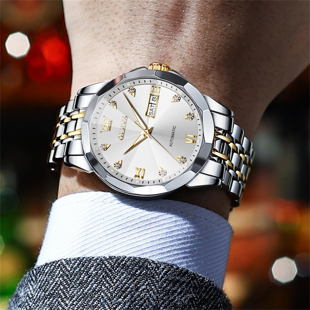 OLEVS Skeleton Men Watches Automatic Business Luxury Diamond Self Winding Watch for Men Stainless Steel Calendar Wrist Watch