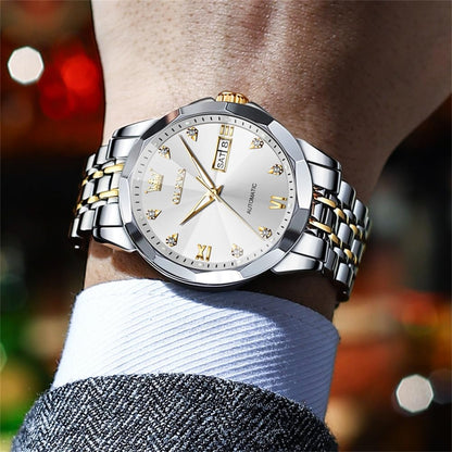 OLEVS Skeleton Men Watches Automatic Business Luxury Diamond Self Winding Watch for Men Stainless Steel Calendar Wrist Watch