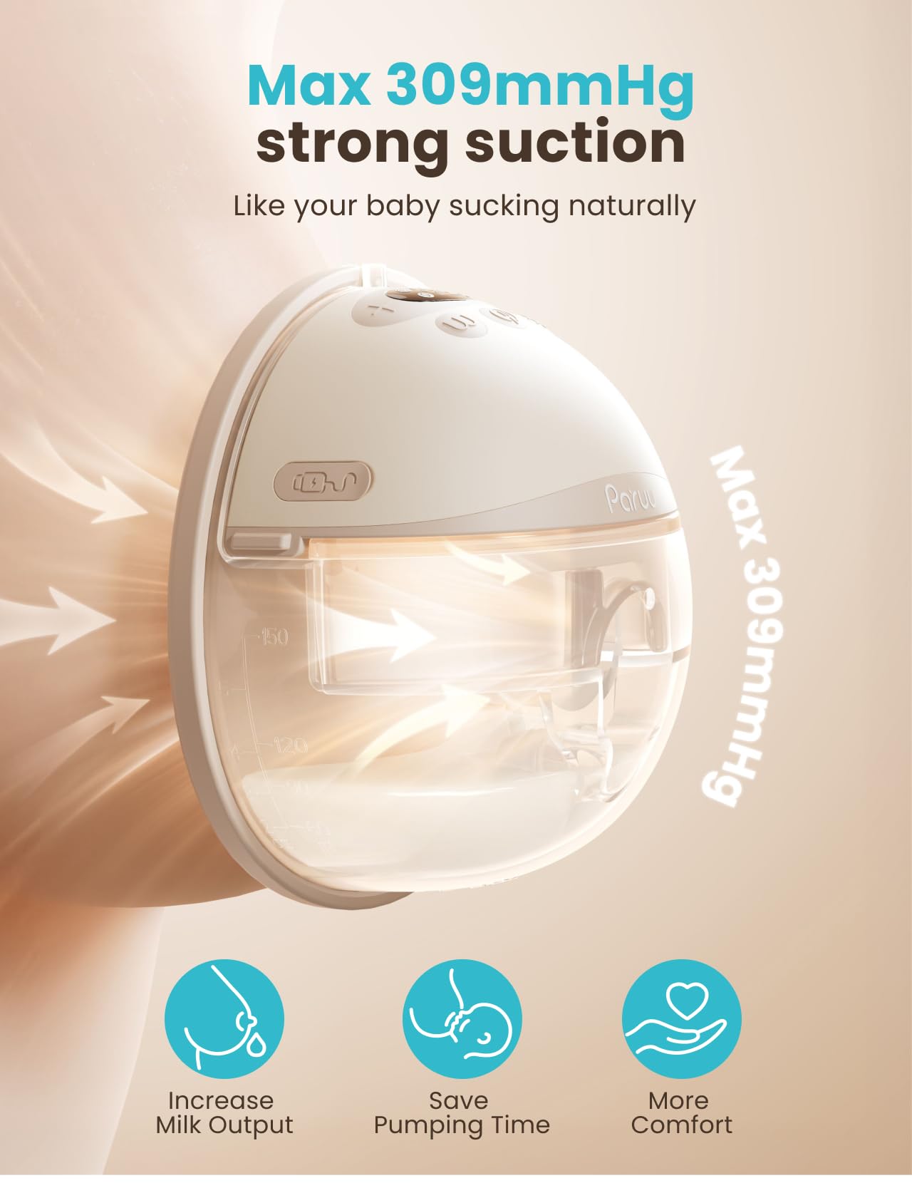 Paruu Hands Free Breast Pump P16, Wearable Breast Pump Electirc Portable with 4 Modes & 12 Levels, Max 309mmHg Strong Suction 19/21/24mm Flange Inserts Wearable Breastfeeding Pump, 2 Pack（Nude