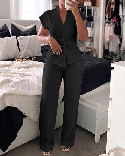 CHICME Women 2 Piece Outfits Twist Front Zipper Top and Elastic Waist Straight Leg Pants Set Casual Matching Set