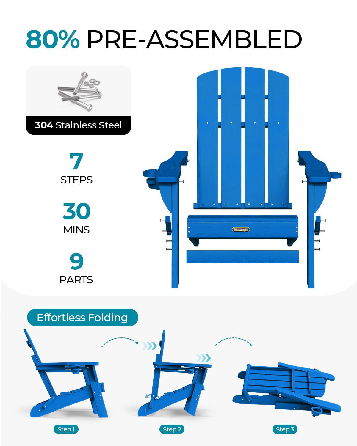 Folding Adirondack Chair, HDPE Adirondack Chairs with 2 Cup Holder, Plastic All-Weather Fire Pit Chairs, Outdoor Lawn Chair for Patio Garden (Grey)