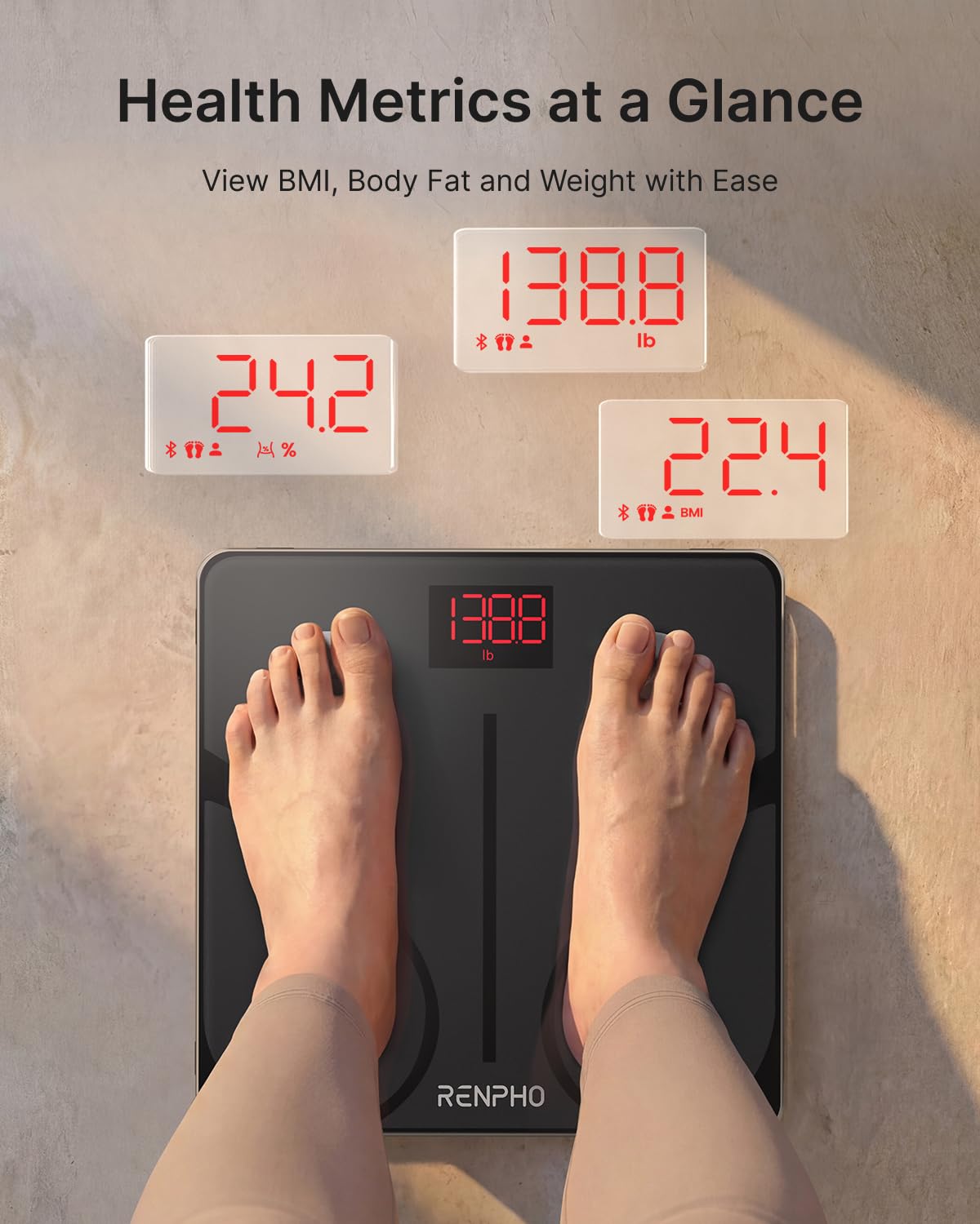 RENPHO Smart Scale for Body Weight, Tempered Glass Bathroom Digital Scale with BMI, Body Fat, Bluetooth Fitness Equipment Sync with Apps Accurate for Weight Loss, Home Use, 400 lbs – Elis 1