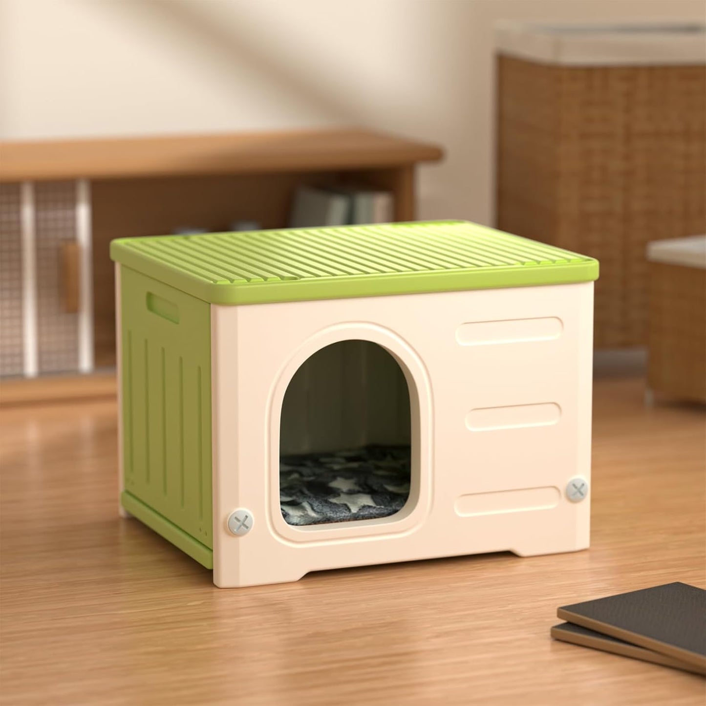 Plastic Cat House for Outdoor Indoor Use, Stackable Feral Cat Shelter Indoor Cat House Weatherproof Waterproof Elevated (Green)