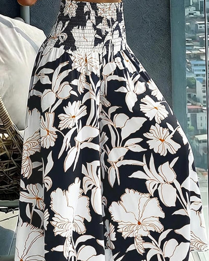 CHICME Boho Floral Shirred High Waisted Wide Leg Pants Flowy Palazzo Pants Summer Beach Vacation Wear