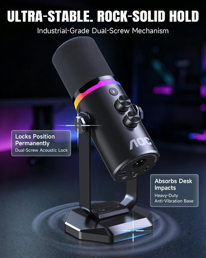 AOC USB/XLR Dynamic Microphone for PC Gaming, Podcast & Recording, Dual-Mode RGB Mic& Streaming Vocal Gear with Heavy-Duty Desk Stand, Clicky Mute, 7.5ft USB & 6.5ft XLR Cables Included