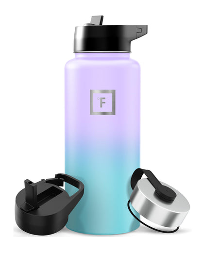 IRON °FLASK Camping & Hiking Hydration Flask with Straw, Wide Mouth Insulated Stainless Steel Sports Water Bottle - Midnight Black 24 oz - Straw (1 Lid)