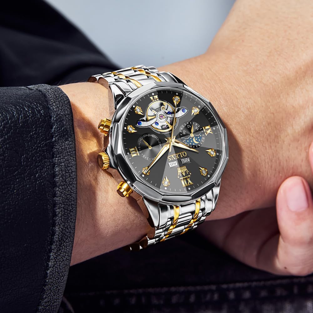 OLEVS Skeleton Men Watches Automatic Business Luxury Diamond Self Winding Watch for Men Stainless Steel Calendar Wrist Watch