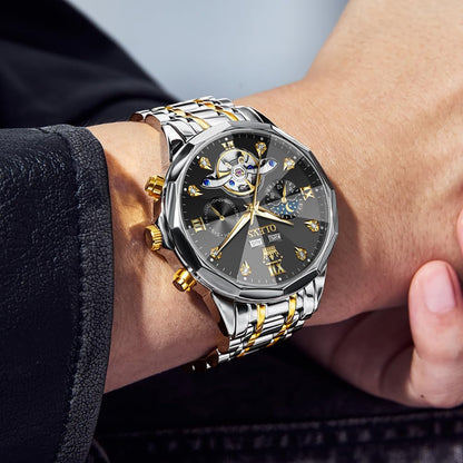 OLEVS Skeleton Men Watches Automatic Business Luxury Diamond Self Winding Watch for Men Stainless Steel Calendar Wrist Watch