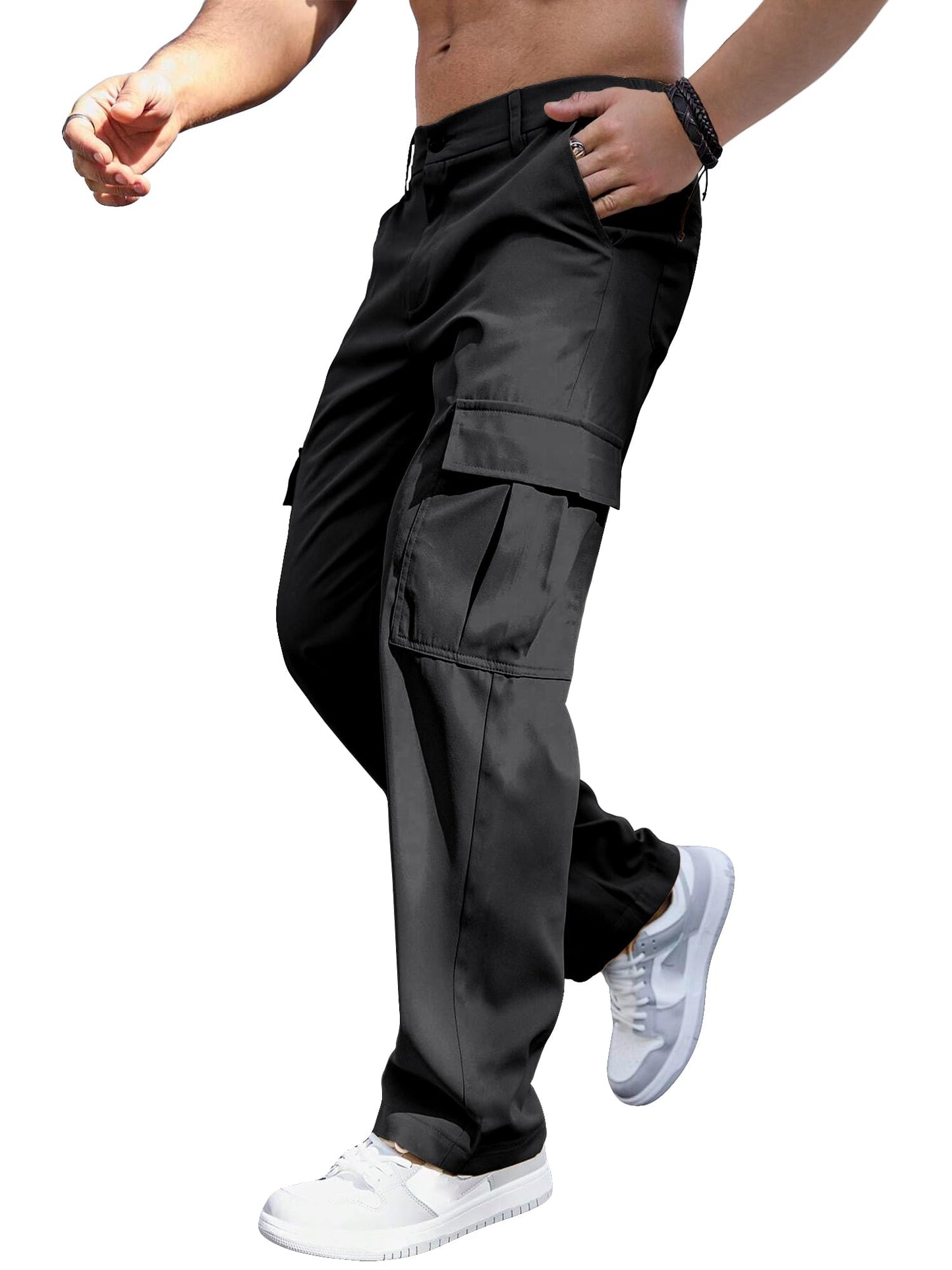 Comdecevis Mens Casual Cargo Pants Baggy Straight Leg Sweatpants with Large Flap Pockets Hiking Sports Trousers