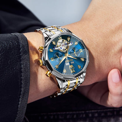 OLEVS Skeleton Men Watches Automatic Business Luxury Diamond Self Winding Watch for Men Stainless Steel Calendar Wrist Watch