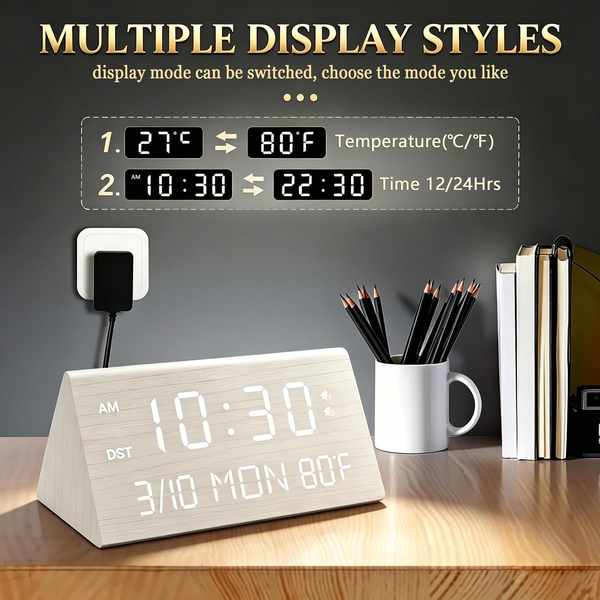 Kogonee Wooden Digital Alarm Clock, 0-100% Dimmer, 2 Alarm Settings, Weekday/Everyday Mode, 9 Mins Snooze, 12/24H, Temperature and Date Display for Office, Travel, Bedroom Alarm Clock (Brown)