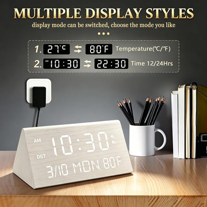 Kogonee Wooden Digital Alarm Clock, 0-100% Dimmer, 2 Alarm Settings, Weekday/Everyday Mode, 9 Mins Snooze, 12/24H, Temperature and Date Display for Office, Travel, Bedroom Alarm Clock (Brown)