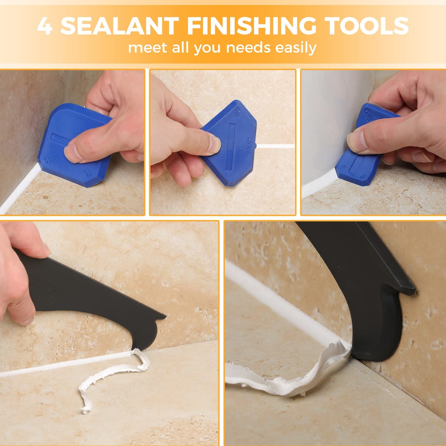 Saker Silicone Caulking Tool 3-in-1 Grout Removal Tool and Sealant Finishing Scraper with Stainless Steelhead, Caulk Remover and Seam Repair Kit for Bathroom, Kitchen, Floor, Window and Sink Joints