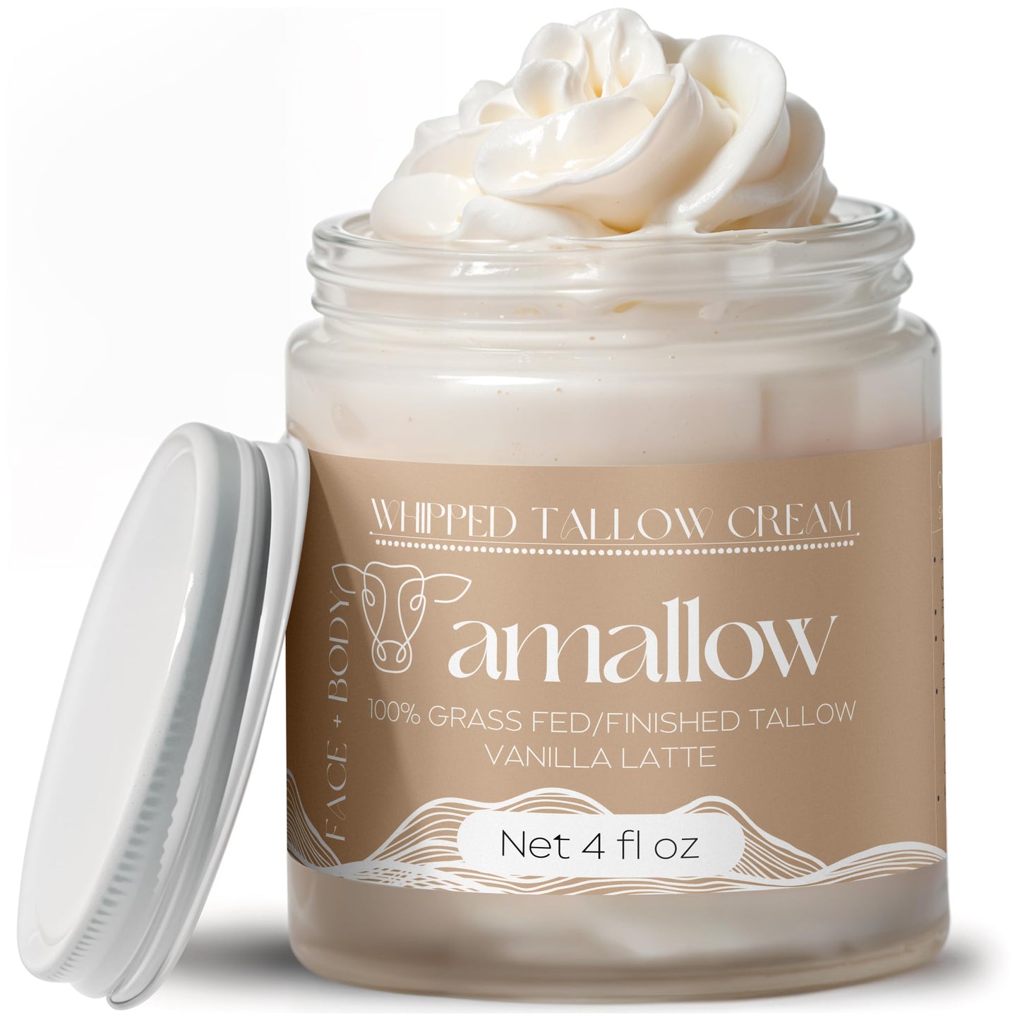 Amallow 100% Grass Fed Beef Tallow for Skin Care - Face + Body - Whipped Moisturizer for Sensitive Skin - Natural Lotion, 4 FL. oz. (Unscented + Jojoba Oil)