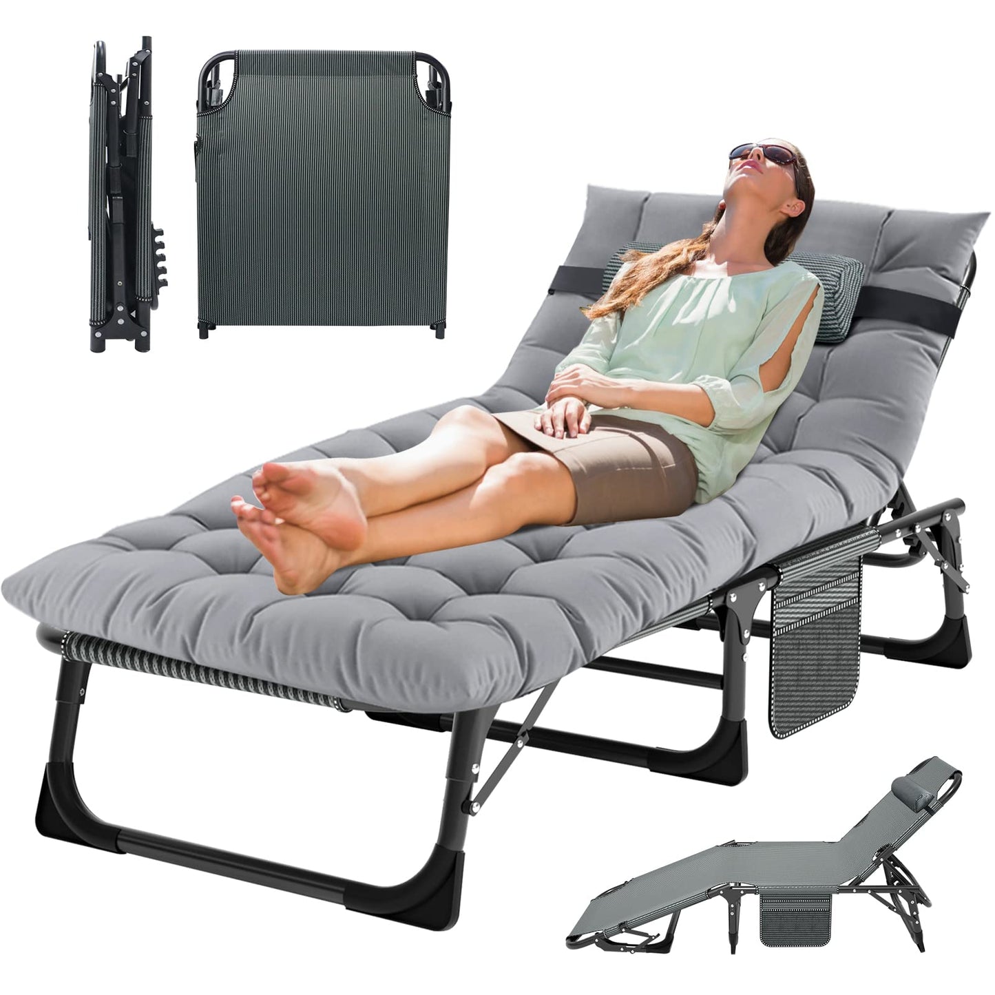 MOPHOTO Folding Lounge Chair 5-Position, Folding Cot, Portable Outdoor Chaise Lounge Chair for Sun Tanning, Perfect for Pool Beach Patio Sunbathing