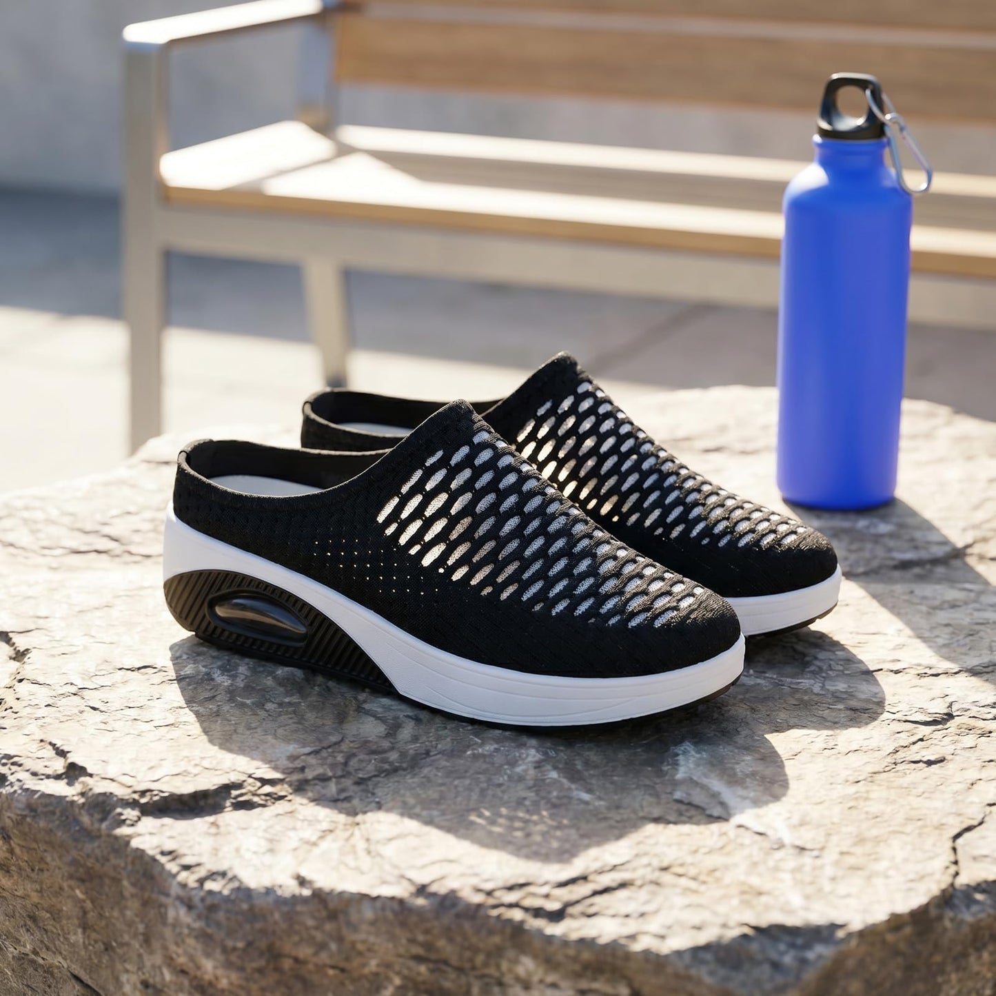 Women's Mesh Stretch Knitted Air Cushion Mule Clogs Fashion Comfortable Closed Round Toe Breathable Slip On Wedge Orthopedic Mules Sneaker for Summer Casual Beach Walking Slippers