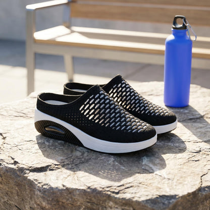 Women's Mesh Stretch Knitted Air Cushion Mule Clogs Fashion Comfortable Closed Round Toe Breathable Slip On Wedge Orthopedic Mules Sneaker for Summer Casual Beach Walking Slippers