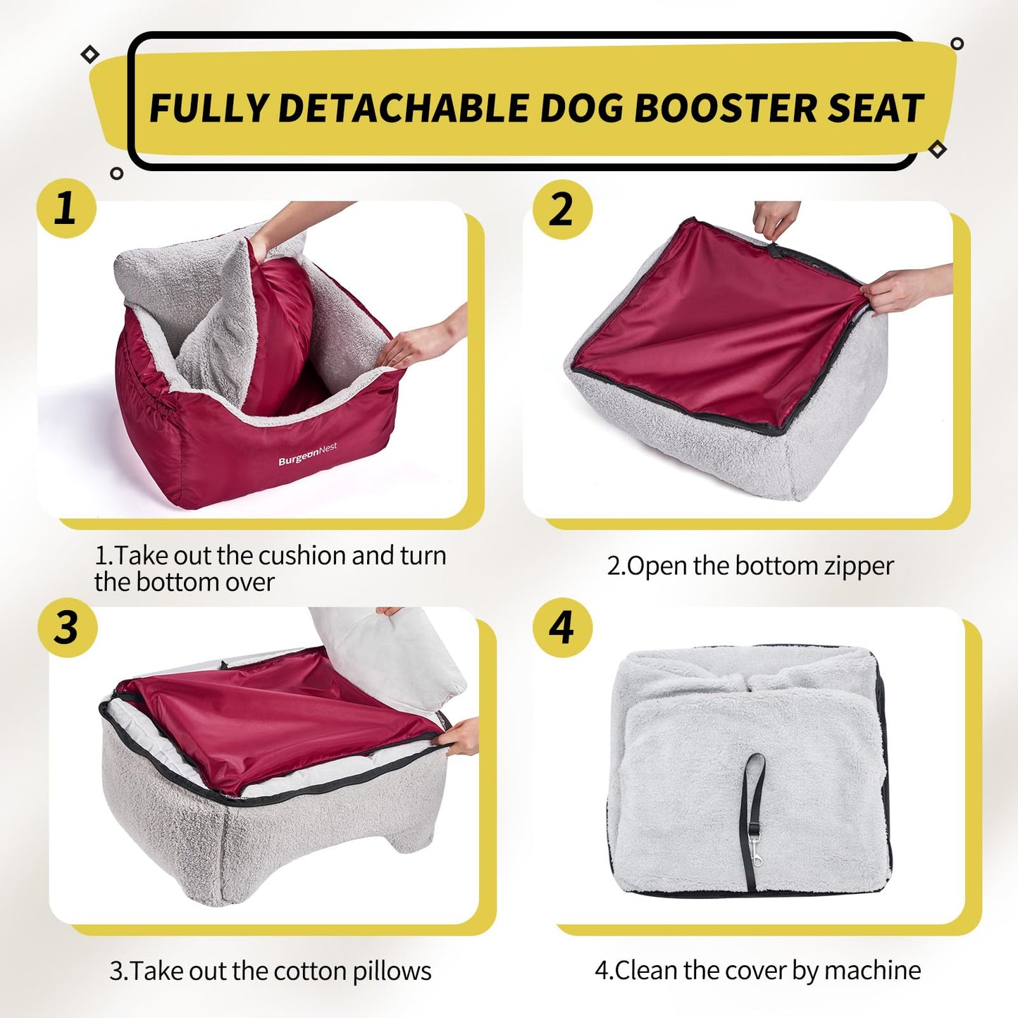 BurgeonNest Dog Car Seat for Small Dogs, Soft Pet Car Travel Home Bed Under 25 lbs, Fully Detachable and Washable Cat Booster Carseats with Storage Pockets and Clip-On Leash Portable Carrier,Black