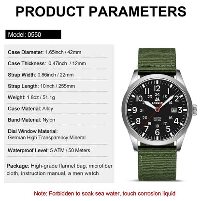 LN LENQIN Mens Watches Unisex Military Sport Nylon Strap Stylish Luminous Fashion Analog Quartz Watch for Men Waterproof Army Tactical Casual Wristwatch