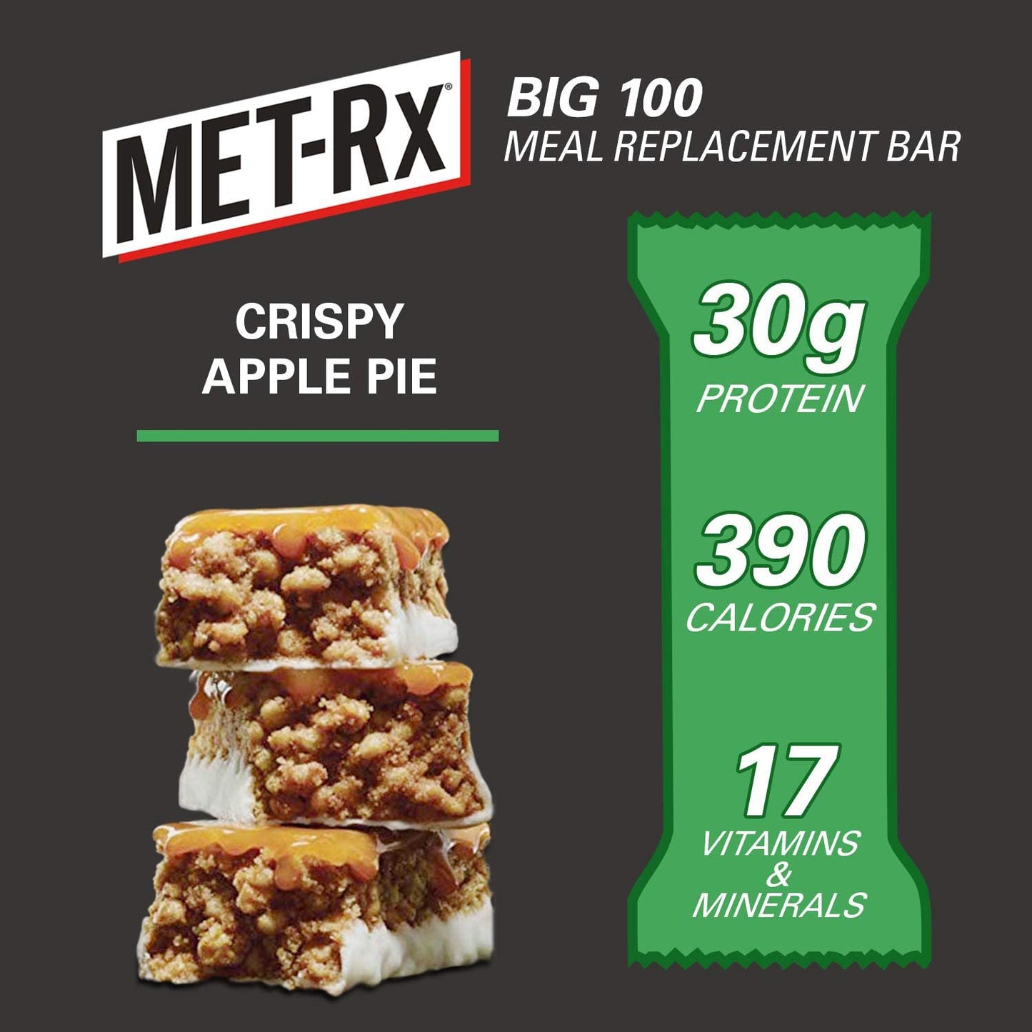 MET-Rx Big 100 Protein Bar, Meal Replacement Bar, 30G Protein, Salted Caramel Brownie Crunch, 9 Count, 3.52 Oz.(Packaging may vary)