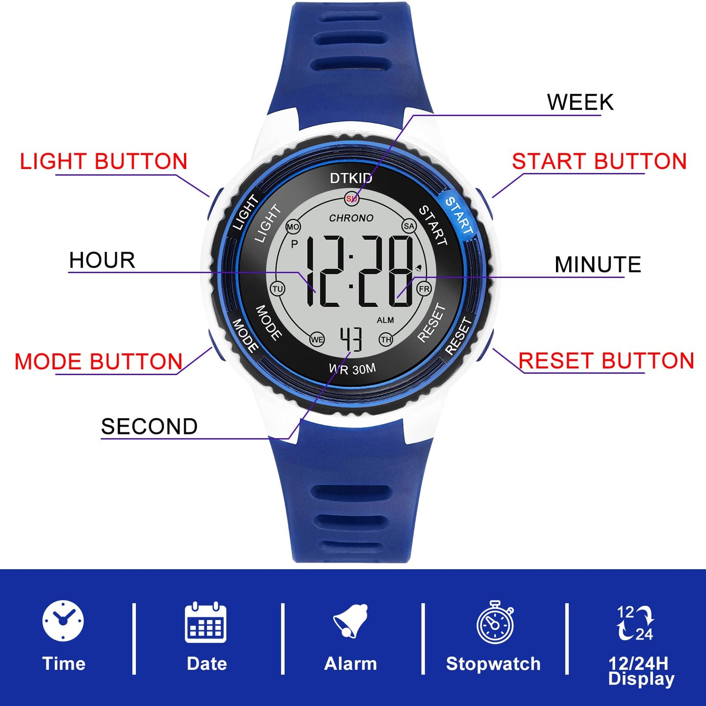 DTKID Digital Kids Watch 30 M Waterproof, 7 Color Lights Time Teaching Watch Easy to Read for Girls Boys 5-16
