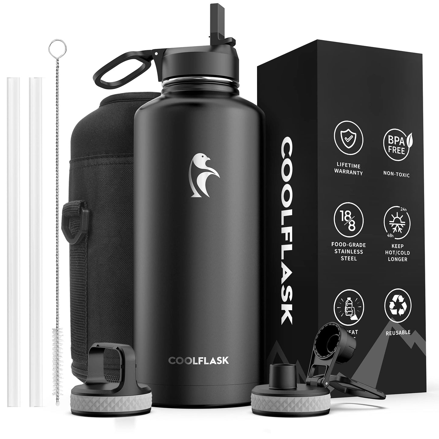 Half Gallon Water Bottle Insulated with Straw & 3 Lids, Coolflask 64 oz Water Jug Large Metal Stainless Steel Wide Mouth for Sports, Gym or Office, Non-BPA Keep Cold 48H Hot 24H, Samurai Cyan