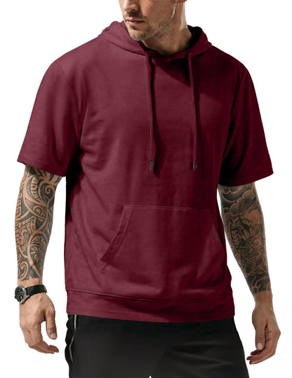 JMIERR Mens Short Sleeve Hoodie Cotton Hooded T-shirts Lightweight Solid Tops with Pocket