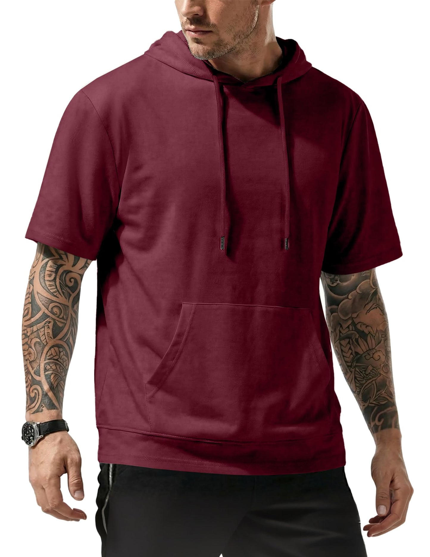 JMIERR Mens Short Sleeve Hoodie Cotton Hooded T-shirts Lightweight Solid Tops with Pocket