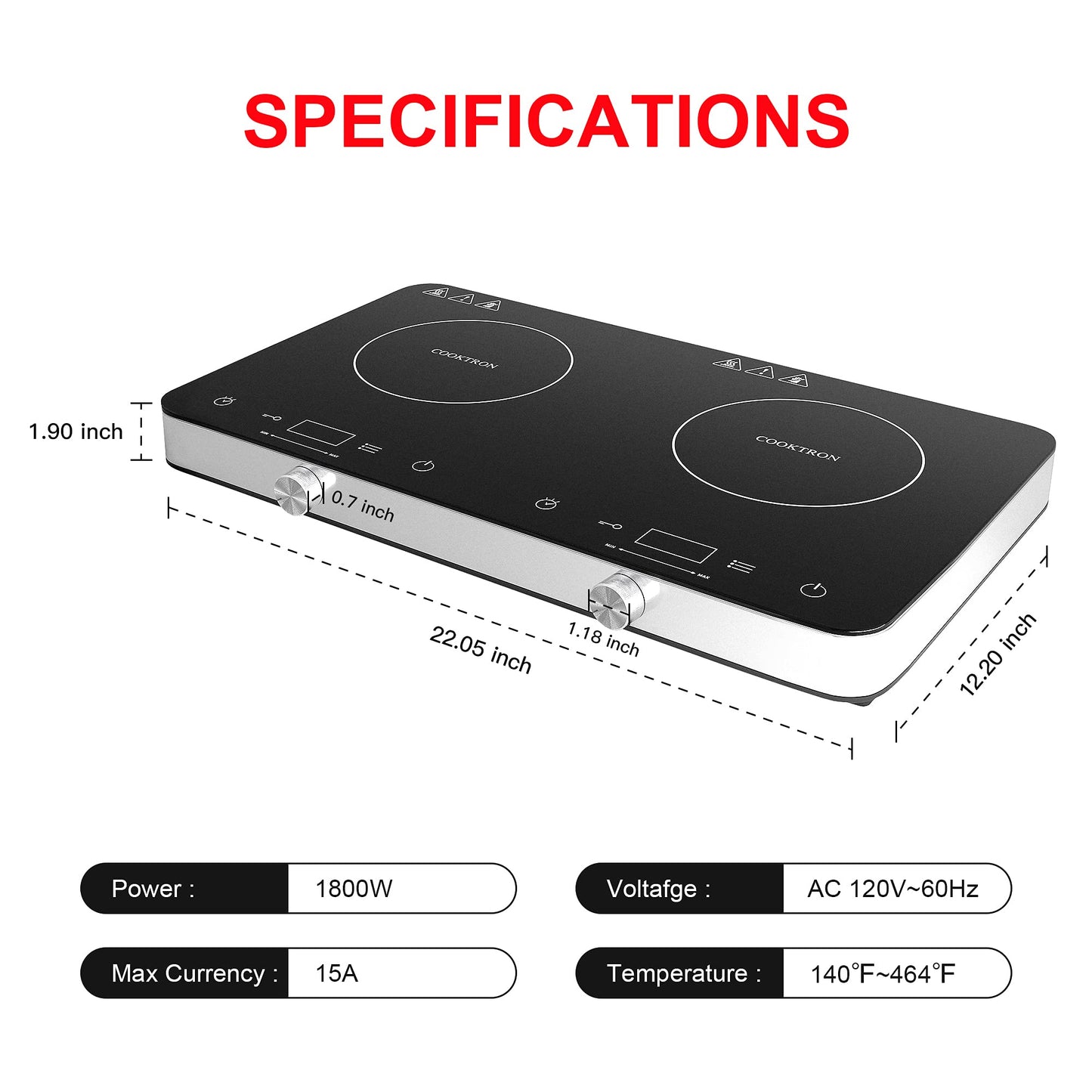 COOKTRON Double Induction Cooktop Burner with Fast Warm-Up Mode, 1800w 2 Burner with 10 Temperature 9 Power Settings, Portable Dual Induction Cooker Cooktop with Child Safety Lock & Time