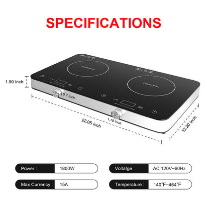 COOKTRON Double Induction Cooktop Burner with Fast Warm-Up Mode, 1800w 2 Burner with 10 Temperature 9 Power Settings, Portable Dual Induction Cooker Cooktop with Child Safety Lock & Time