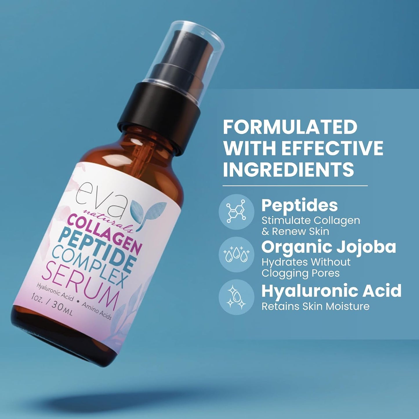 Collagen Serum for Face by Eva Naturals - Anti Aging Multi Peptide Face Serum with Hyaluronic Acid - Firming Hydrating Wrinkle Reducer Peptide Serum for Women & Men - Fragrance Free 2 oz