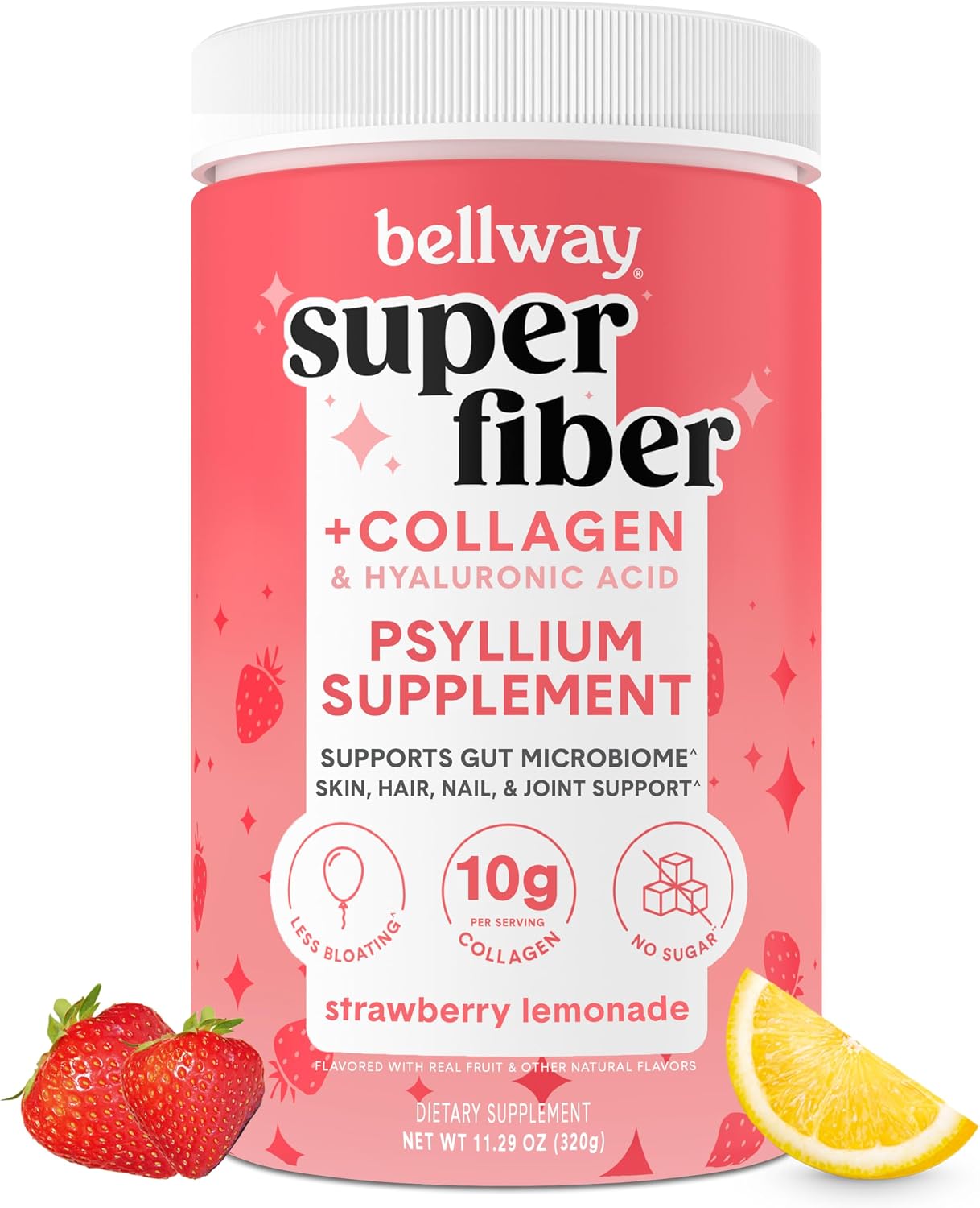 Bellway Super Fiber Powder + Collagen, Sugar-Free Psyllium Husk Powder with Collagen Peptides and Hyaluronic Acid for Gut Health, Healthy Skin, Nails, Bones & Joints, Strawberry Lemonade (20 Servings)