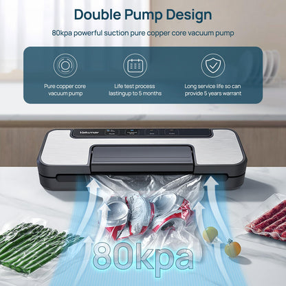 Vakumar Vacuum Sealer Machine, 90Kpa Liquid Food Vacuum Sealer Machine Preservation Dry/Moist/Liquid Modes, LED Indicator Light, Handle Locked Design, Built-in Cutter and Bag Storage, Starter Kit