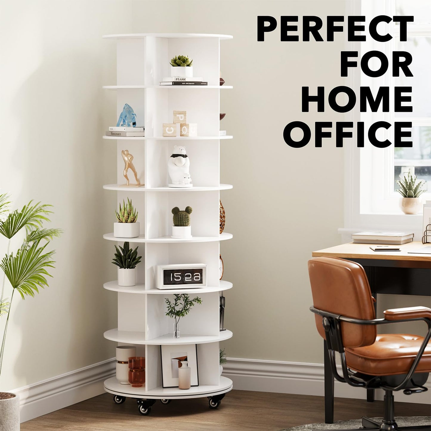 SpaceAid Spinning Shoe Rack with Wheels, 7 Tier Rotating Organizer Shoe Tower Lazy Susan with Thick Bottom, 360 Display Revolving Storage Shelf, Round Circular Rotate Organization, White
