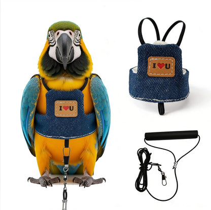 Bird Flight Harness Vest, Adjustable Training Design Anti-Bite, Suit with Leash for Parakeets Cockatiels Conures Budgies, Bird Flying Clothes with Rope and Handle (Cowboy L)