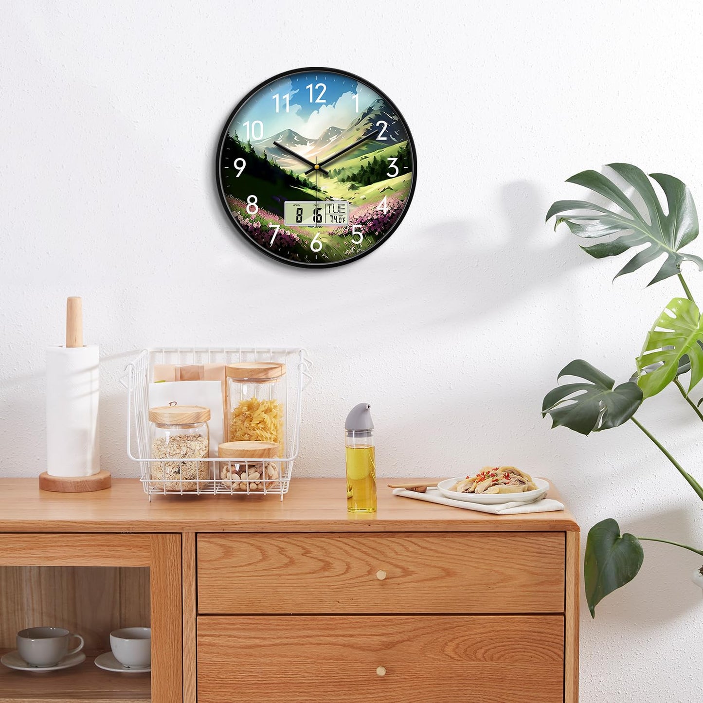 Wilderness Sunset Wall Clock, 12 Inch Silent Non-Ticking Battery Operated Analog Clock with LCD Date Day Temp Display, Decorative for Living Room, Bedroom, Kitchen, Office, Farmhouse, Cabin